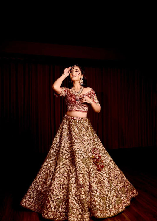 Woman in traditional embroidered outfit against a dark background