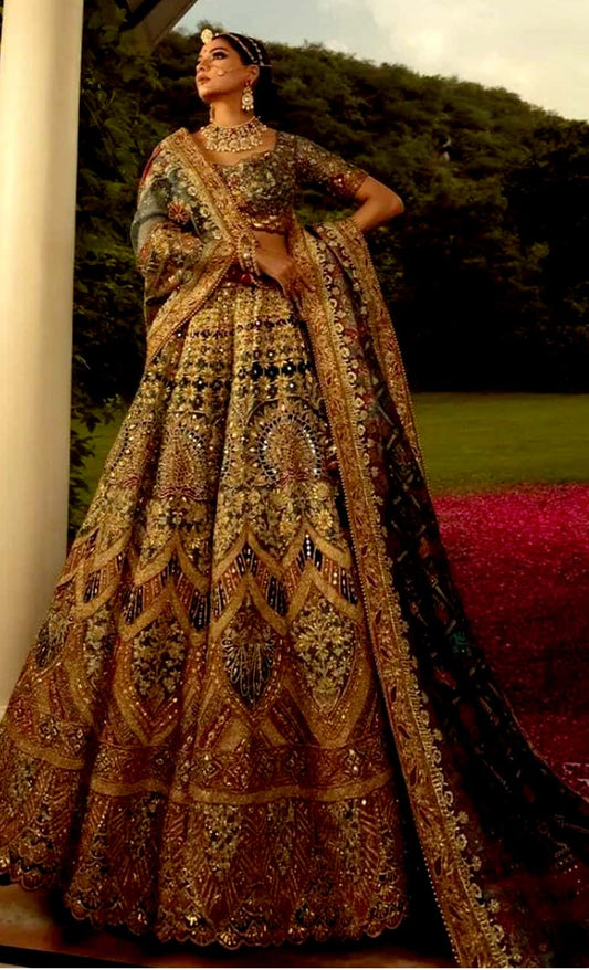Woman in an elaborate embroidered traditional outfit with a scenic background