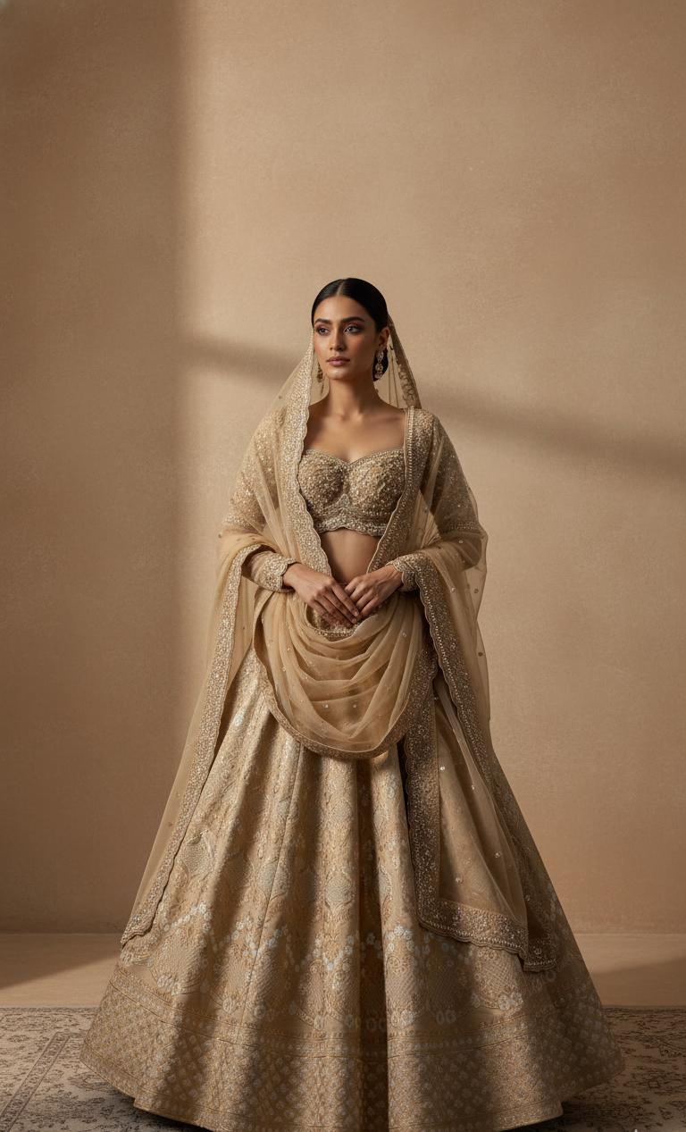 Woman in a traditional beige embroidered outfit against a beige background