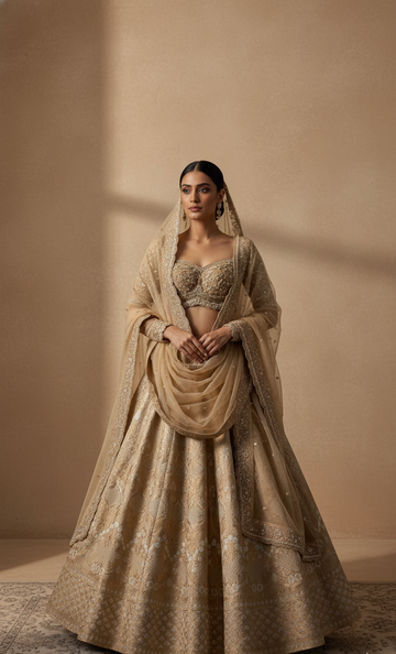 Woman in a traditional beige embroidered outfit against a beige background