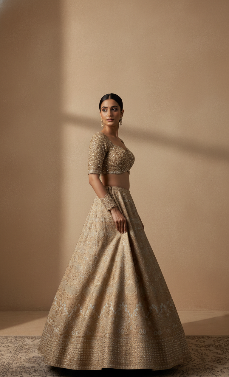 Woman wearing a beige embroidered traditional outfit against a beige background