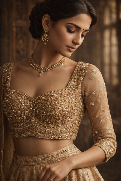 Champagne Gold Brocade Bridal Lehenga Set