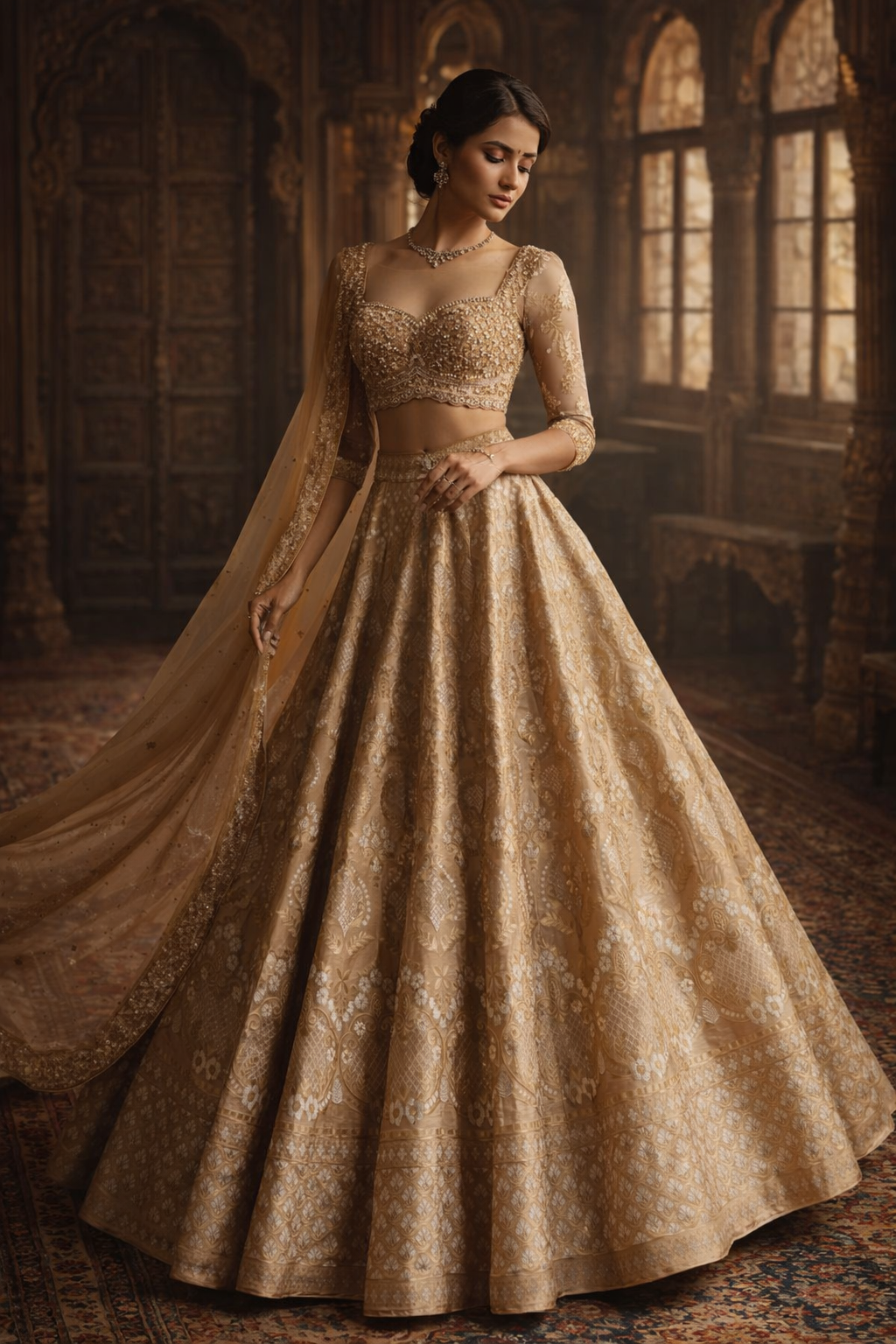 Champagne Gold Brocade Bridal Lehenga Set