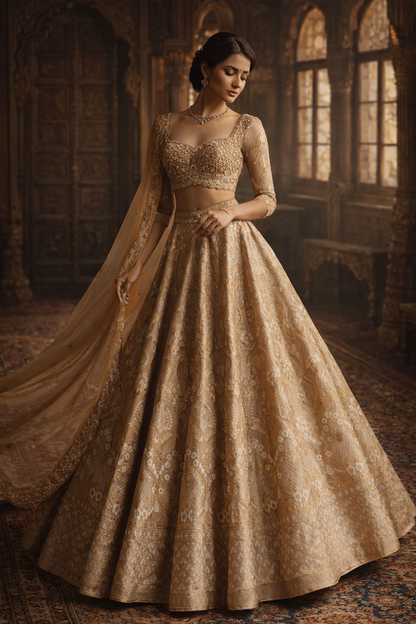 Champagne Gold Brocade Bridal Lehenga Set