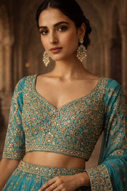 The Gilded Turquoise Heritage Lehenga Set