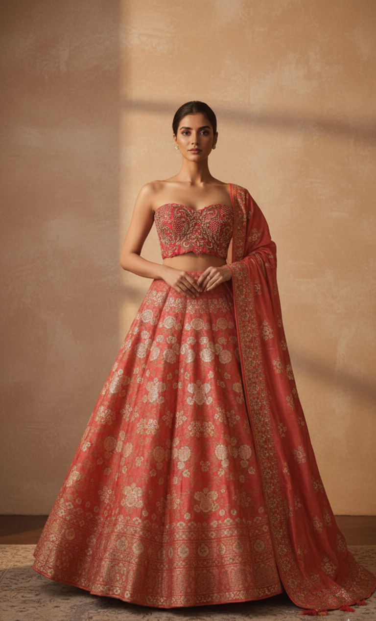 Woman wearing a traditional pink and gold lehenga with a plain background