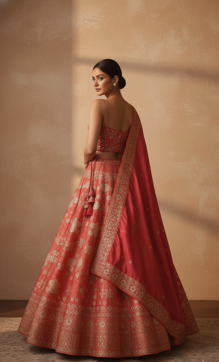 Woman wearing a traditional pink and gold lehenga with a plain background