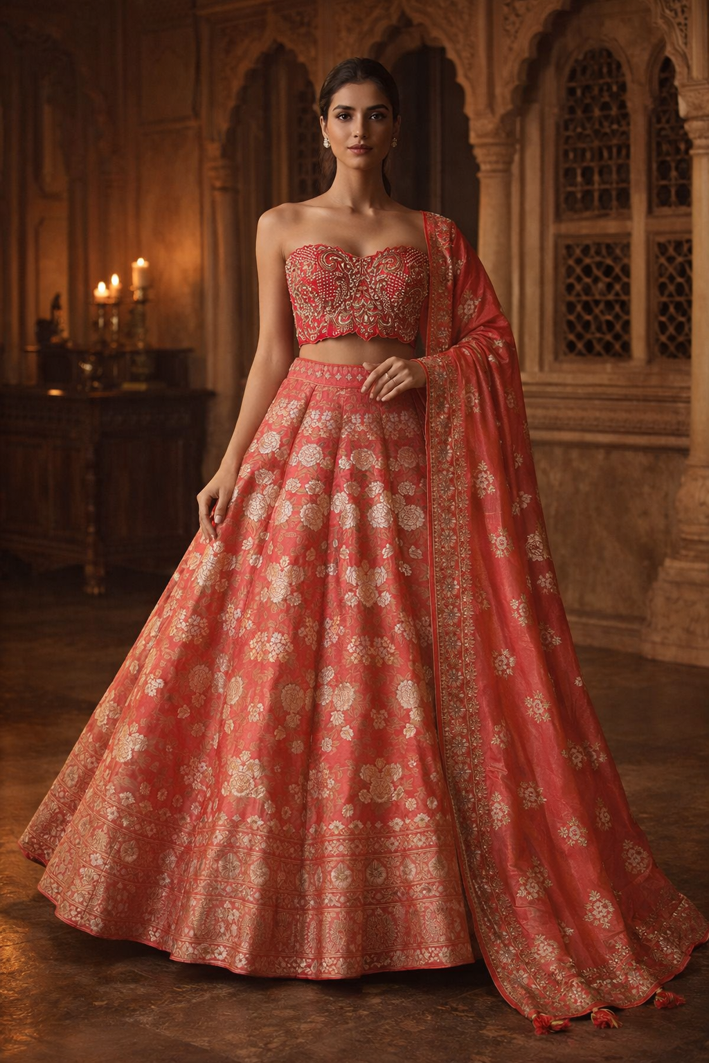 Woman in a traditional pink embroidered outfit standing in an ornate room.