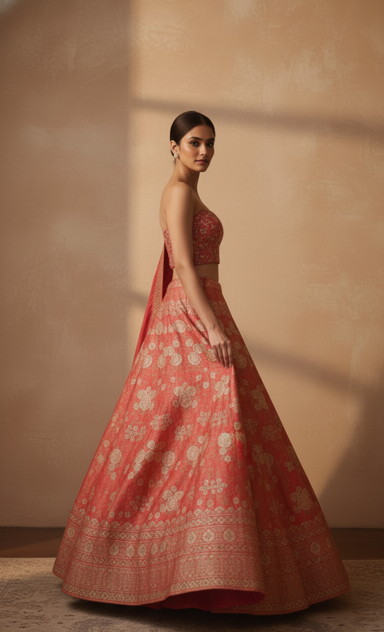 Woman wearing a traditional pink lehenga with intricate patterns against a beige wall.