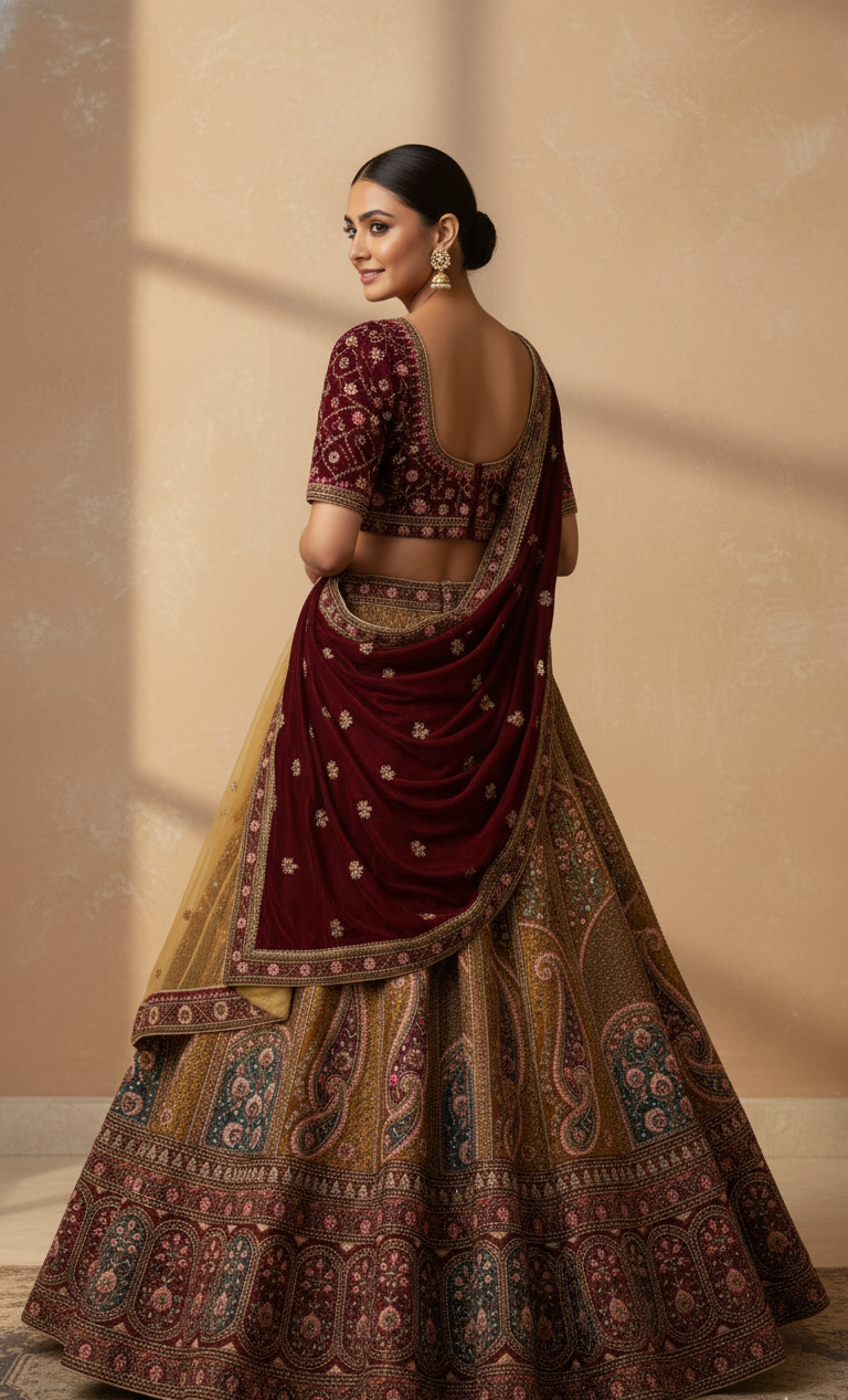 Woman wearing a traditional maroon and gold embroidered lehenga against a beige wall.