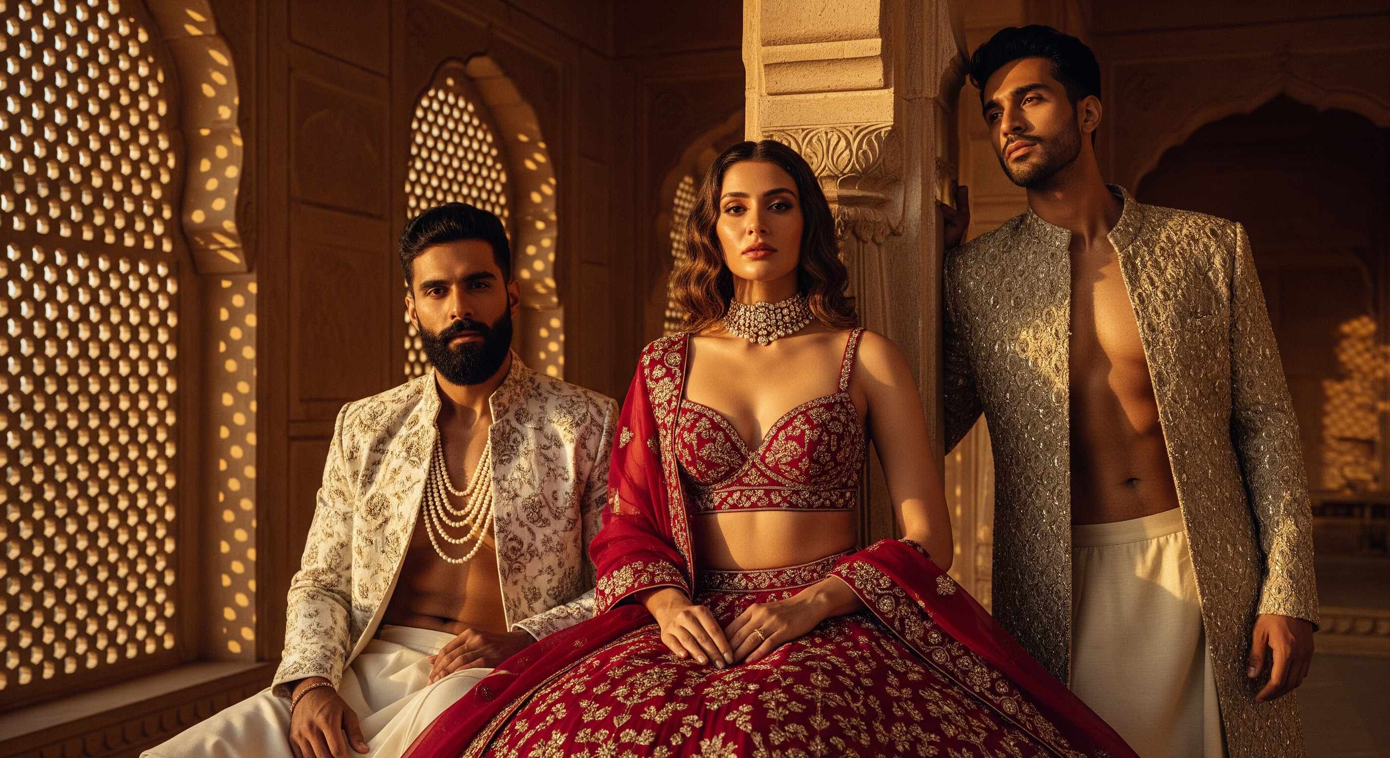 Woman in traditional red and gold outfit with two men in ornate clothing in a decorated room.slider_item_td7brm