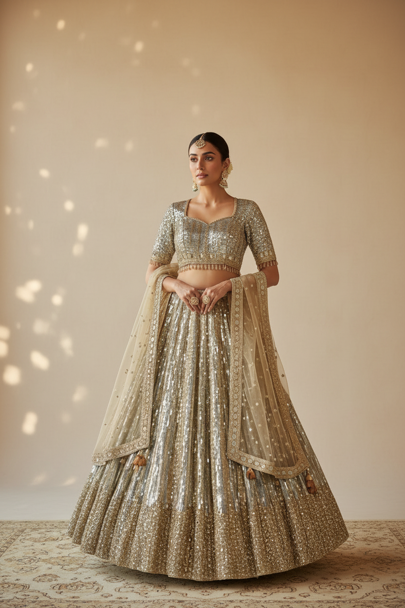 Woman in a traditional gold and silver embroidered outfit standing in an ornate architectural setting.