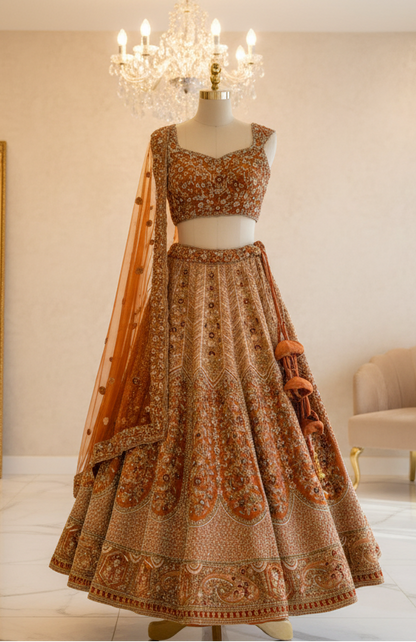 Traditional Indian outfit on a mannequin with a chandelier in the background