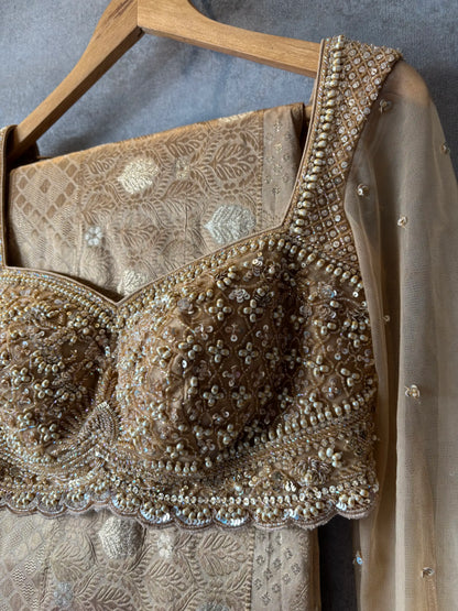 Champagne Gold Brocade Bridal Lehenga Set