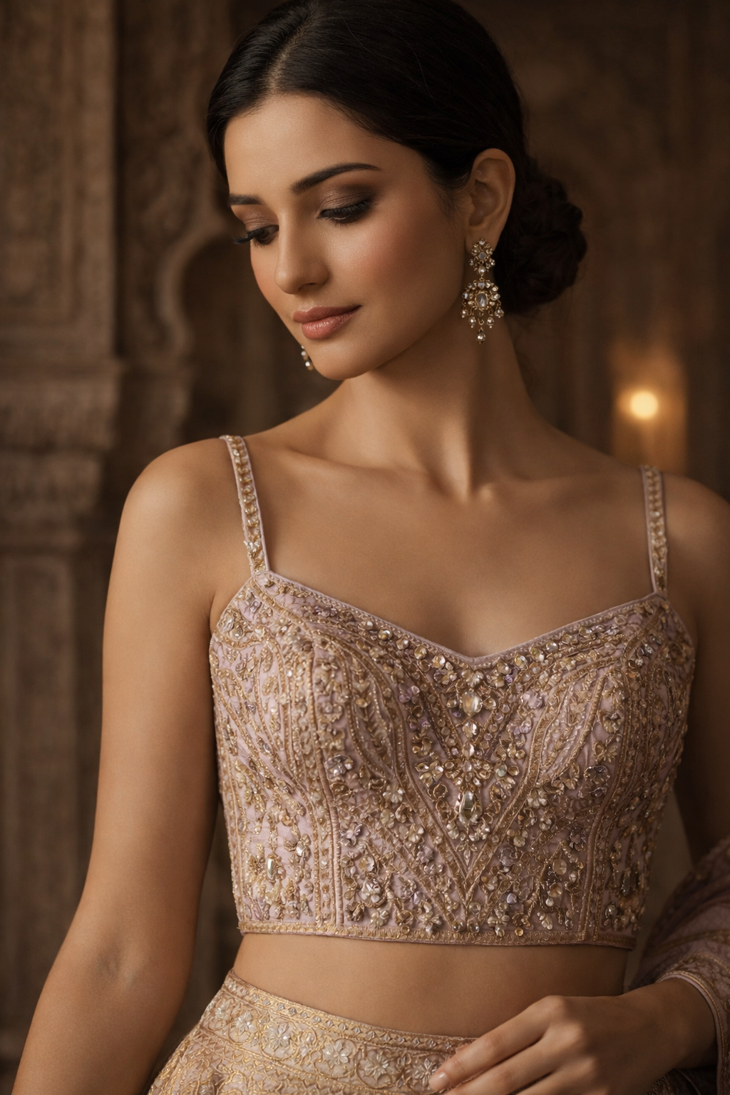 Woman wearing a beaded top with intricate designs in a warm-toned setting