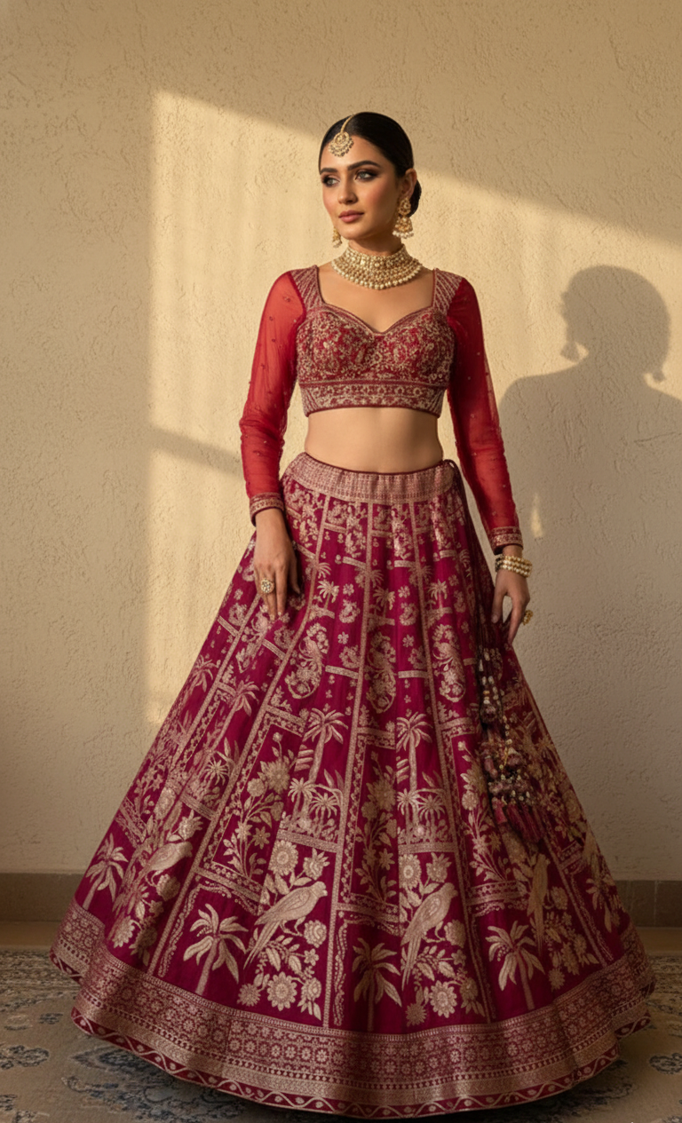 Woman wearing a traditional maroon and gold embroidered outfit against a neutral background