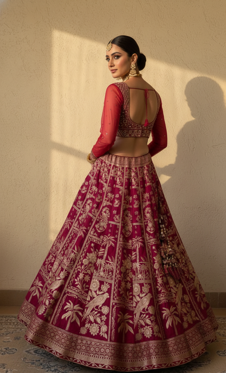 Woman wearing a traditional pink and red lehenga with intricate patterns against a neutral wall.