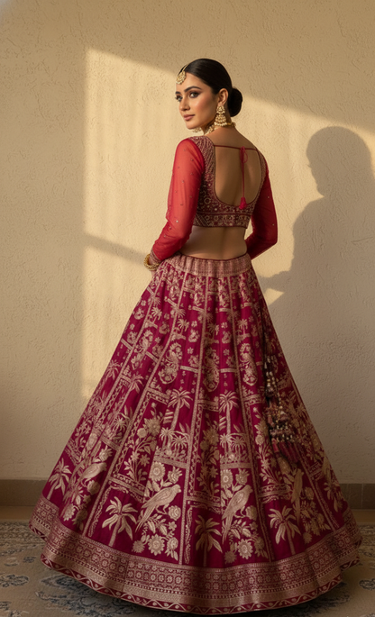 Woman wearing a traditional pink and red lehenga with intricate patterns against a neutral wall.