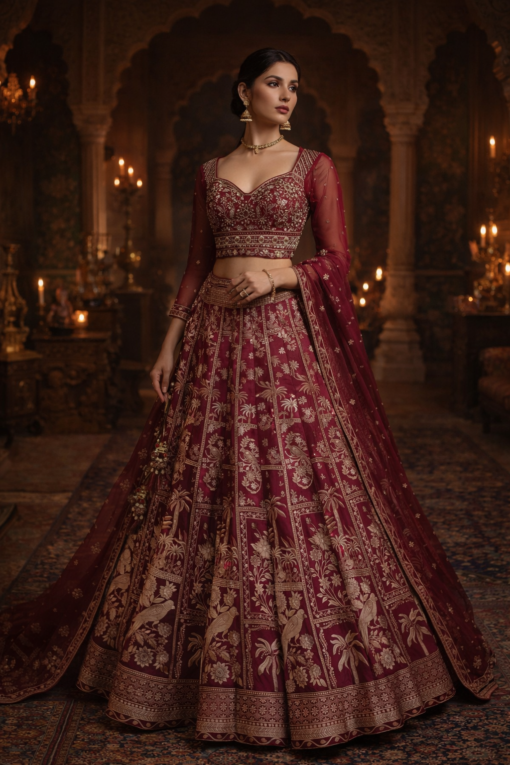Woman in a traditional maroon and gold embroidered outfit in an ornate room.