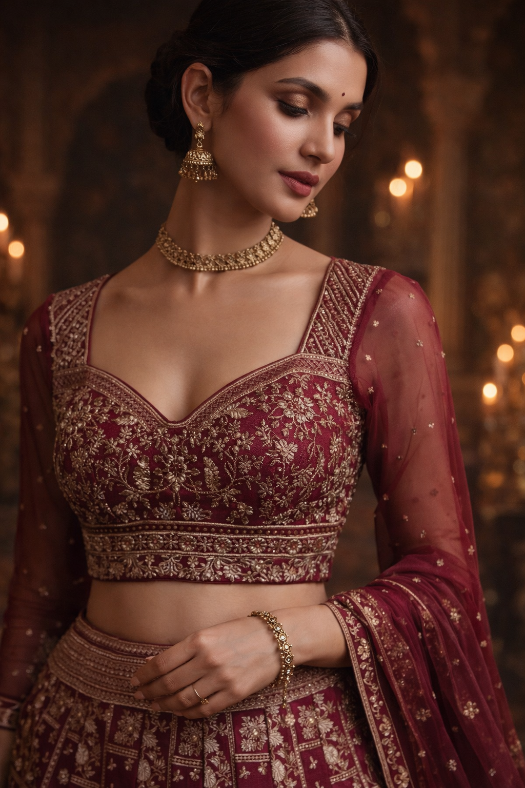 Woman wearing a maroon embroidered traditional outfit with gold jewelry against a warm, blurred background.