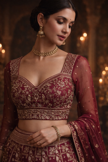 Woman wearing a maroon embroidered traditional outfit with gold jewelry against a warm, blurred background.