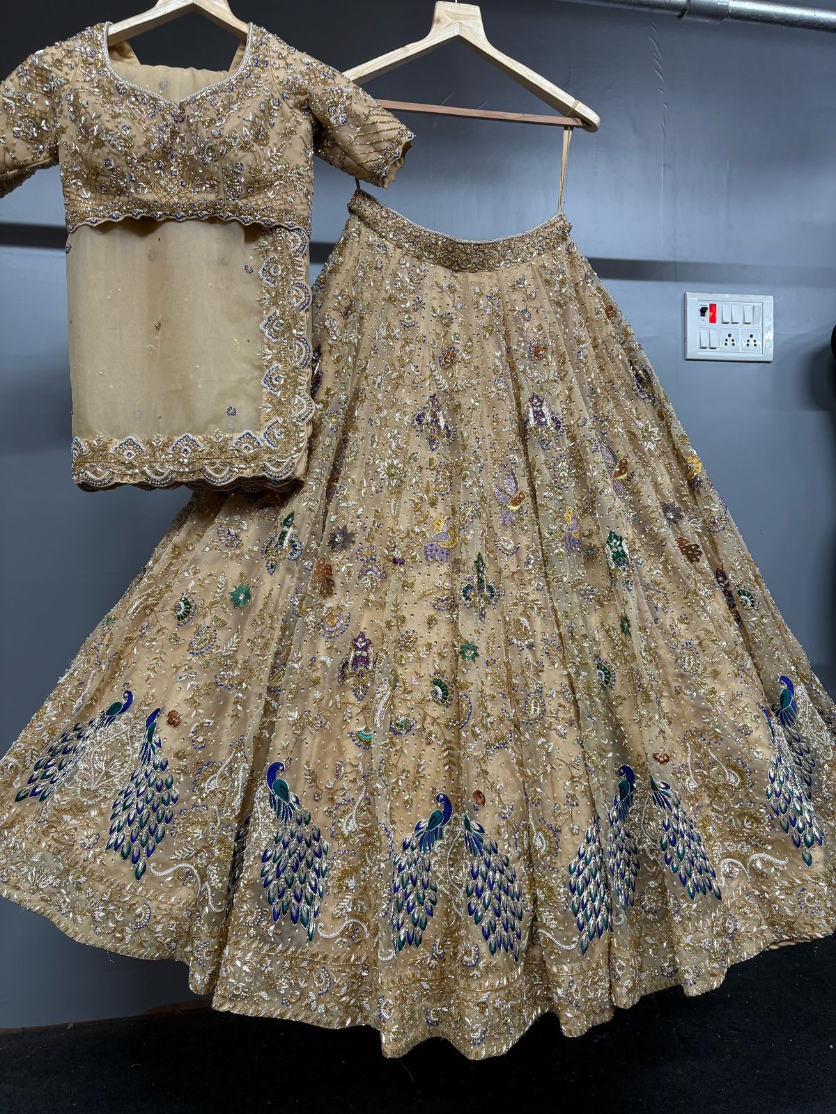 Traditional Peacock Bridal Lehnga with a top and skirt on hangers against a dark background