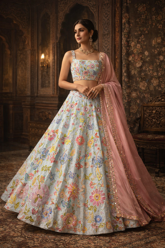 Women in Pastel Floral Bridal Lehenga