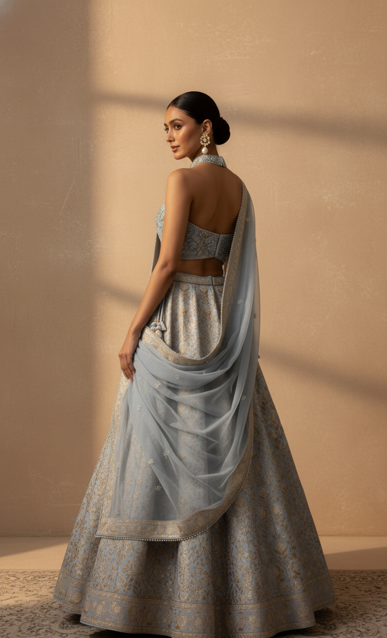 Woman in a traditional outfit with a beige background