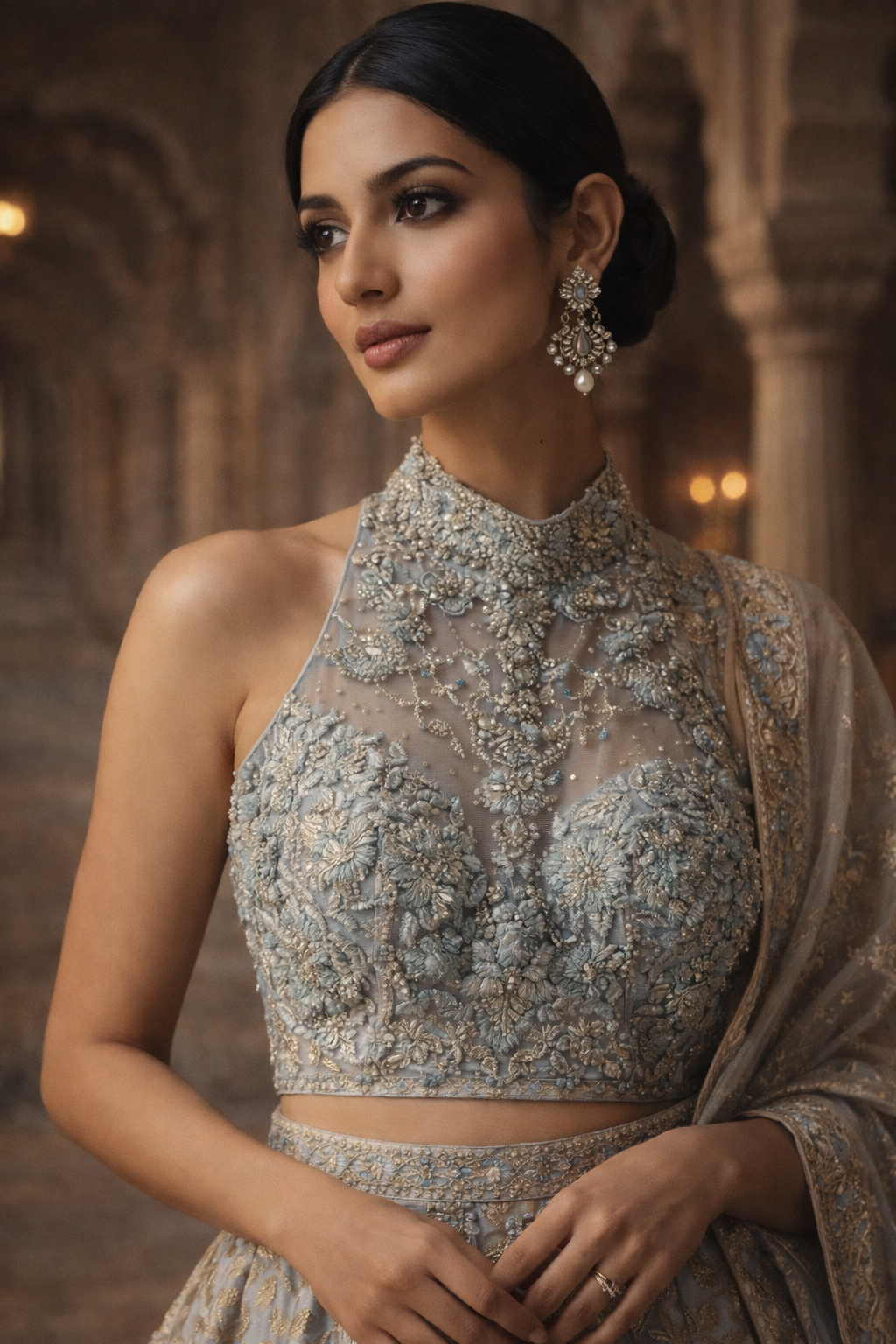 Woman wearing an intricately designed traditional outfit with a blurred background