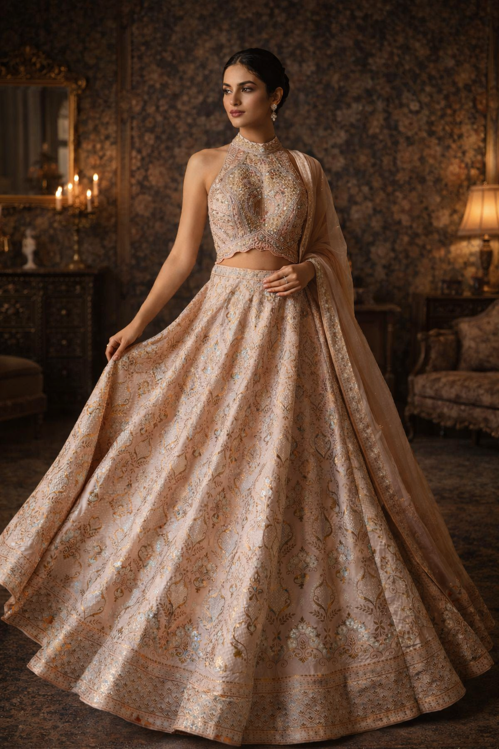 Woman in a traditional embroidered outfit standing in an ornate room.