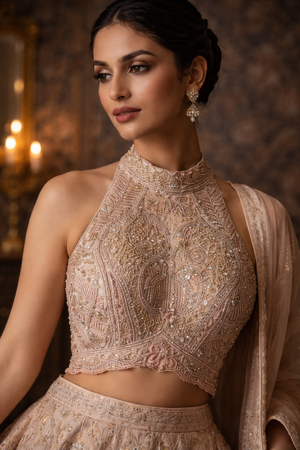 Woman wearing an intricately designed blouse with a matching dupatta against a warm-toned background.