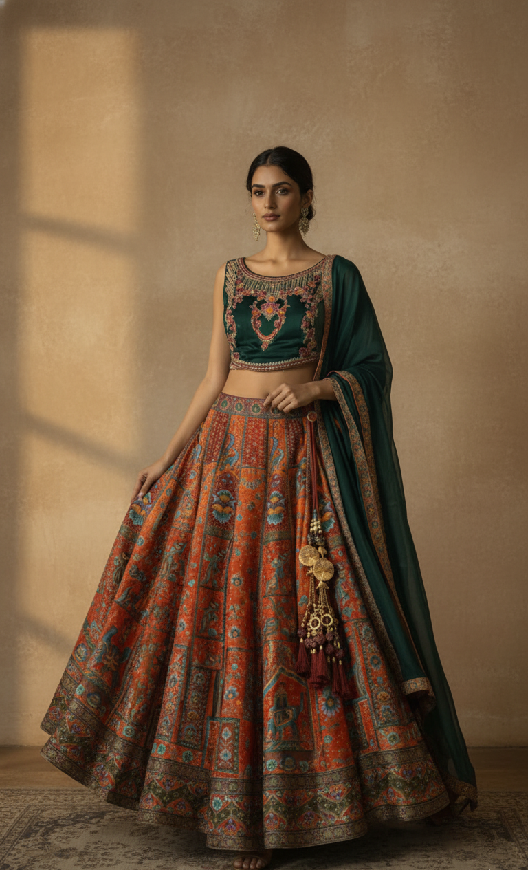 Woman wearing a traditional outfit with a patterned skirt and green top against a beige wall.