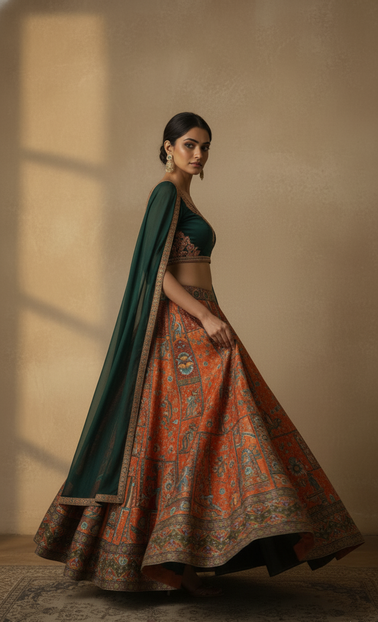 Woman wearing a traditional outfit with a patterned skirt and green top against a beige wall.