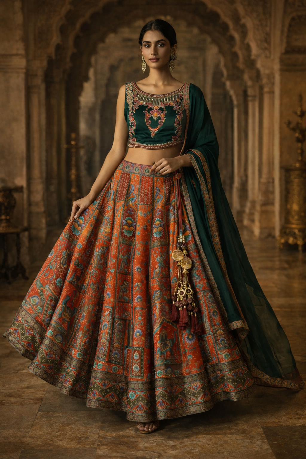 Woman in traditional Indian attire with a richly patterned lehenga and embroidered blouse in an ornate interior setting.