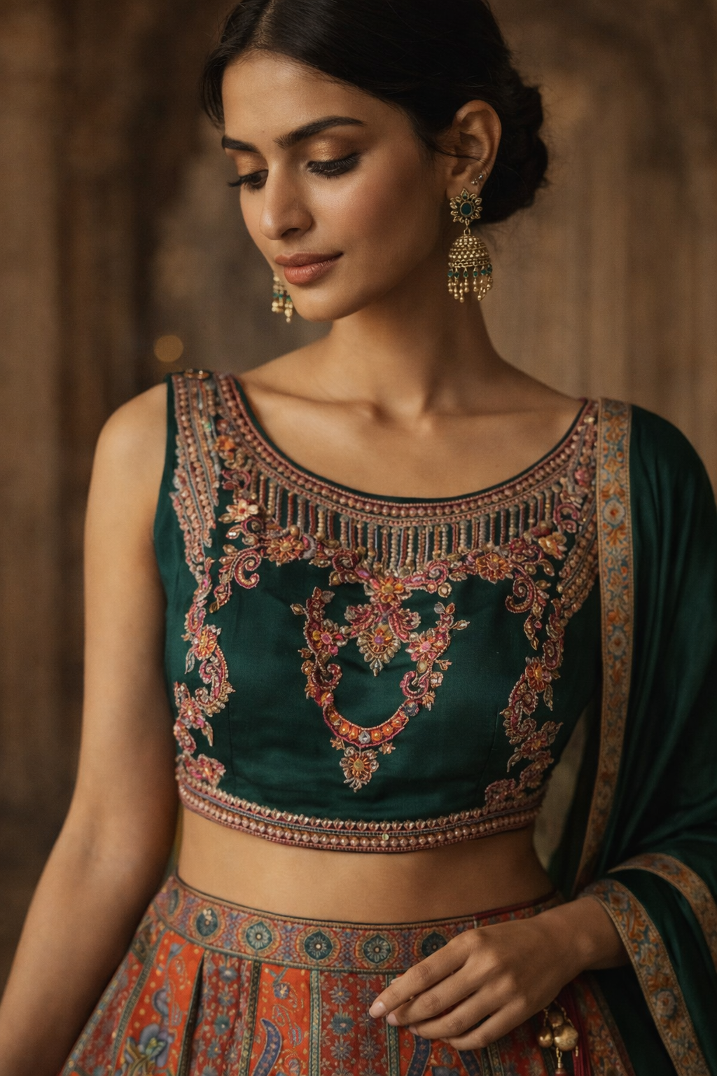 Woman wearing a traditional embroidered outfit with a dark green blouse and colorful skirt.
