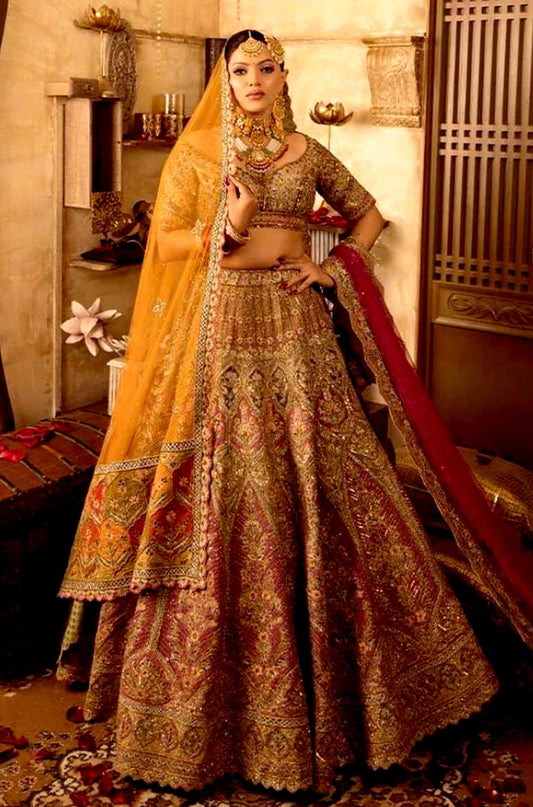 Woman in traditional rose wedding lehnga in a decorated room.